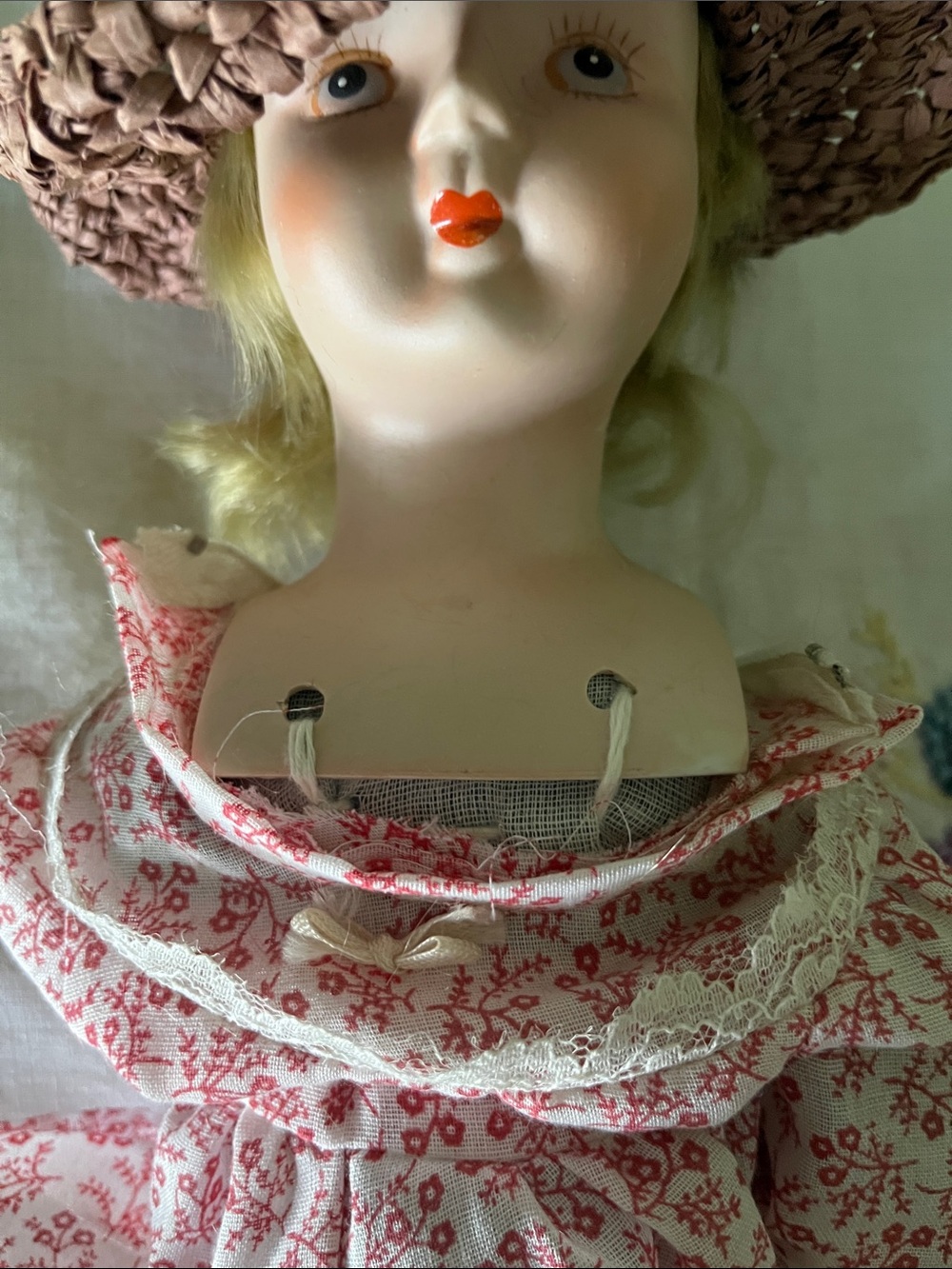 Vintage 1970s Walda Doll 18” Porcelain Face Floral Prairie Dress Hat